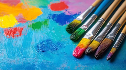 Fototapeta premium Colorful Paint Brushes Lying on a Vibrant Palette of Paints