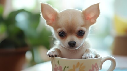 Obraz na płótnie Canvas A cute Chihuahua puppy peeks out from a floral cup, surrounded by soft greenery, capturing an adorable and playful moment.