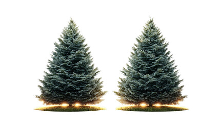 Fototapeta premium Png of Two lush evergreen trees illuminated softly at the base, surrounded by green grass on transparent background.