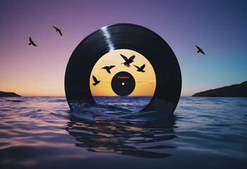 Surreal Vinyl Record Sunset Over Ocean with Flying Birds