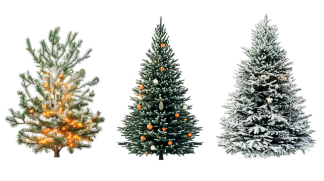 Png of Three beautifully decorated Christmas trees, showcasing festive ornaments and lights in a wintery mood on transparent background.