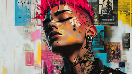 Striking Portrait of a Cyberpunk Individual With Vibrant Pink Hair and Bold Tattoos in a Colorful Urban Backdrop. Generative AI