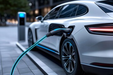 Naklejka premium Electric car charging at public station in urban environment