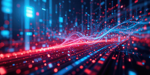 Futuristic Digital Data Stream, Abstract Technology Background with Glowing Particles.