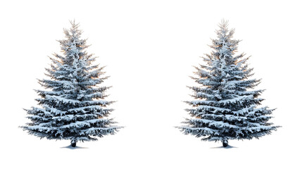 Fototapeta premium Png of Two majestic evergreen trees covered in fresh snow, creating a winter wonderland atmosphere on transparent background.