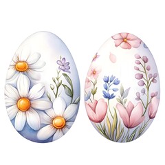 Fototapeta premium Two Watercolor Easter Eggs Decorated with Spring Flowers and Daisies