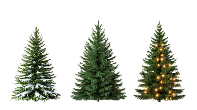 Png of Three beautiful Christmas trees: one frosted with snow, one lush and green, and one adorned with lights on transparent background.