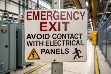 Obraz premium A safety sign indicating an emergency exit and warning against contact with electrical panels in an industrial setting.