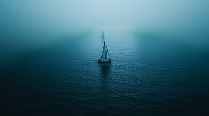 Solitary Sailboats on a Misty Ocean A Serene Seascape.