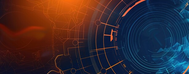 Modern abstract blue and orange gradient background with curved lines and glowing neon effects.