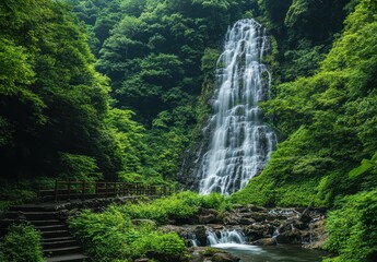 Majestic Waterfall Surrounded by Lush Greenery and Vibrant Vegetation in a Serene Natural Landscape