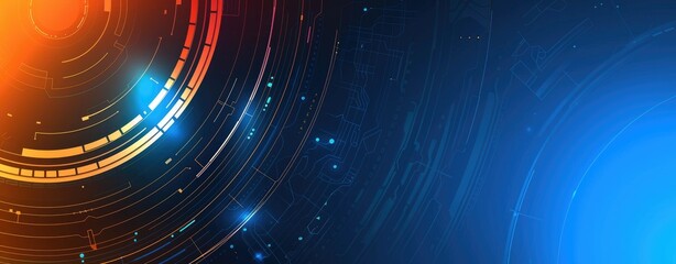 Modern abstract blue and orange gradient background with curved lines and glowing neon effects.