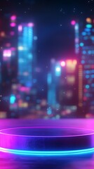 A vibrant, blurred cityscape with colorful lights and a circular platform for presentations.