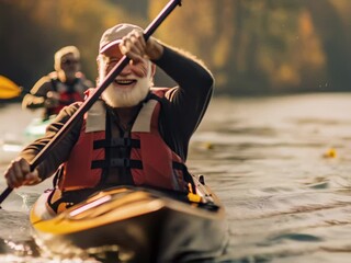 Delightful kayaking experience on a serene river with joyful adventurers in the golden afternoon light