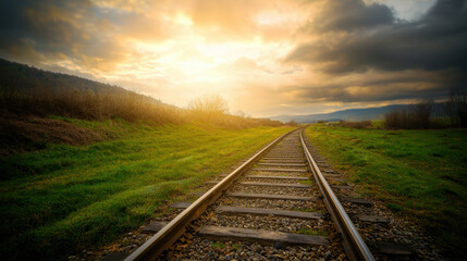 Fototapeta premium railway track stretching into horizon under beautiful sunset. scene evokes sense of tranquility and adventure