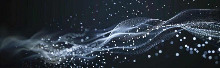 Futuristic abstract black background with dots forming a dynamic wave pattern.
