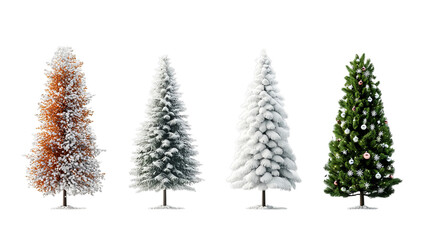 Obraz premium Png of Four distinct Christmas trees showcasing various styles and decorations on transparent background.
