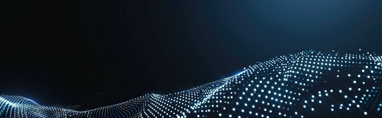 Futuristic abstract black background with white dots forming a dynamic wave shape.