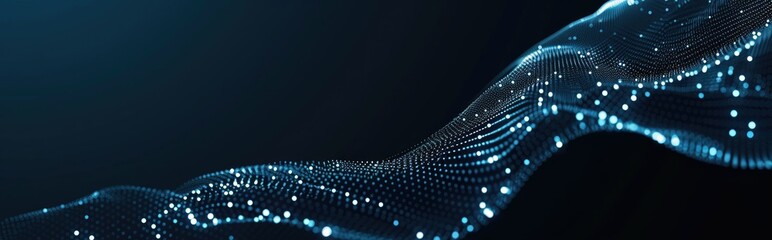 Futuristic abstract black background with white dots forming a dynamic wave shape.