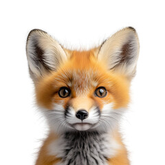 Fototapeta premium Adorable Red Fox Cub Portrait isolated on a transparent background, Cute Baby Fox Face with Big Eyes, Realistic Animal Illustration, Fluffy Fur Wildlife Artwork, High-Quality Digital Painting