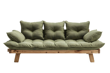 Fototapeta premium A comfortable green sofa bed with tufted cushions and a wooden frame, showcasing a versatile and stylish piece of furniture perfect for any living space isolated on a transparent background
