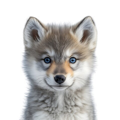 A close-up portrait of an adorable wolf cub with bright blue eyes, capturing its innocent and curious expression against isolated on a transparent background