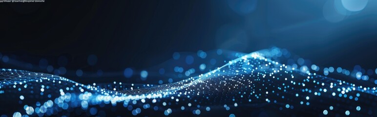 Futuristic abstract black background with white dots forming a dynamic wave shape.