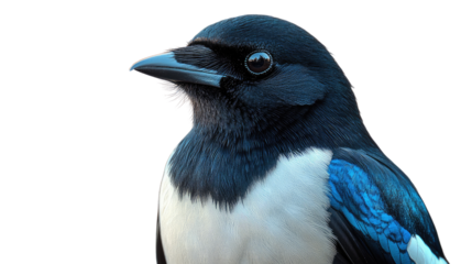 Majestic Magpie Portrait: A close-up studio portrait of a magpie showcases the bird's striking black and white plumage and intelligent eyes, capturing the essence of this charismatic avian.