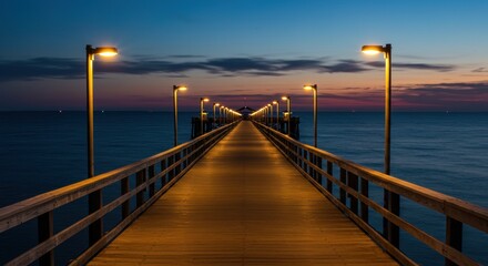 Obraz premium Serene wooden pier extending into calm waters at dusk, illuminated by warm lights under a twilight sky