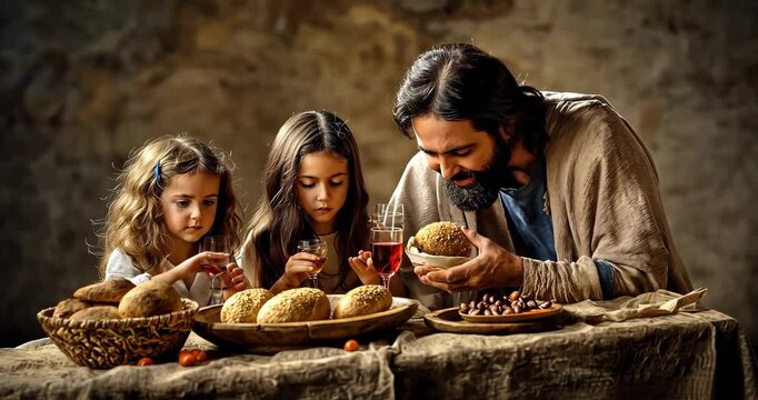 Family Sharing Bread and Wine Meal