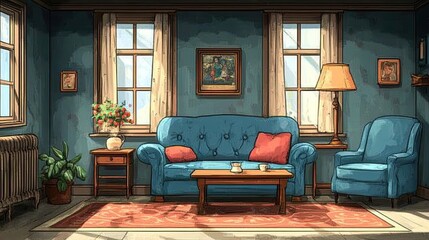 A parallax background showcases a vintage-themed cartoon interior, complete with a blue sofa, armchair, coffee table, lamp, pillows, and carpet, tailored for 2D animation. 
