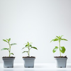 Obraz premium Three plants in a row displaying a beautiful arrangement of green foliage and natural beauty