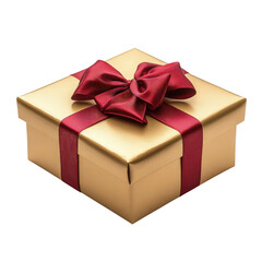 Obraz premium Elegant gold gift box with red ribbon bow on transparent background, cut out. Luxury present package for birthday, Christmas, or anniversary celebrations. Perfect for holiday, shopping