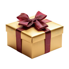 Fototapeta premium Elegant gold gift box with red ribbon bow on transparent background, cut out. Luxury present package for birthday, Christmas, or anniversary celebrations. Perfect for holiday, shopping