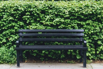 Park bench nestled in vibrant green hedge