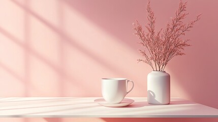 A pastel pink studio table serves as a minimalist backdrop for product displays and advertisements with plenty of copy space. -