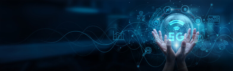 5G. Hand man holding of global 5G network connection, high-speed data transfer, ultra-low latency, massive device connectivity, enhanced mobile broadband, reliable communication infrastructure.