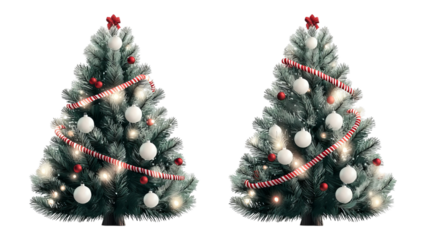Png of Two beautifully decorated Christmas trees with red and white ornaments, creating a festive holiday mood on transparent background.