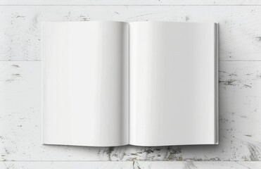Minimalist white open magazine mockup on a clean white background, top view.
