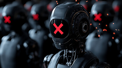 Black Robots With Red Cross Symbols In Dark Background Representing Faceless Technology And Society