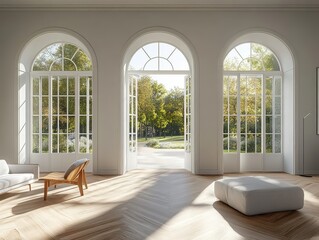 Modern Bright Living Room with Elegant Arched Windows Offering Scenic Outdoor Views Surrounded by Lush Greenery and Natural Light