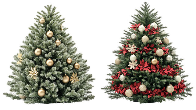 Png of Two beautifully decorated Christmas trees showcasing festive colors and ornaments on transparent background.