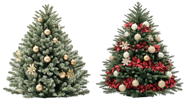 Png of Two beautifully decorated Christmas trees showcasing festive colors and ornaments on transparent background.