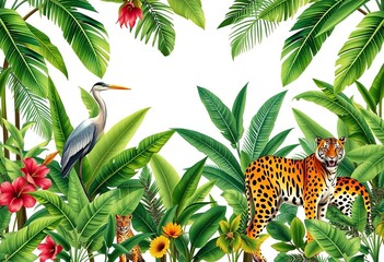 Obraz premium Seamless tropical jungle border with heron, crane, tiger, leopard, banana palms on white, tiger, backdrop