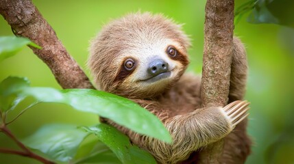 Fototapeta premium A cute sloth clings to a tree branch, surrounded by lush green leaves, showcasing its adorable face and relaxed demeanor.