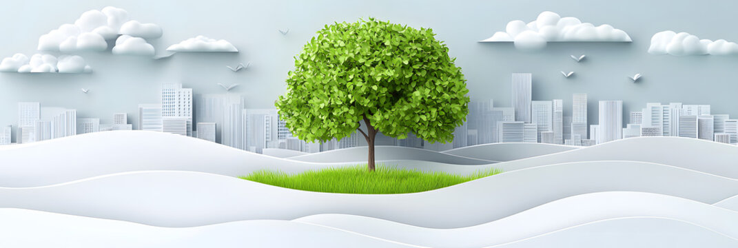The person who knows. Tree, Achieve sustainable growth, World Environment Day. White eco urban city and nature landscape background paper art style.
