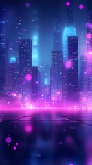 A vibrant futuristic cityscape illuminated by neon lights and glowing particles.