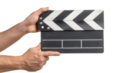 Two hands holding and pointing at movie clapperboard with transparent background