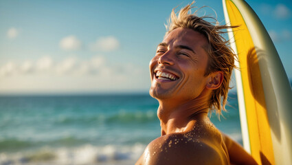 Young surfer at beach, smiling while carrying surf board 