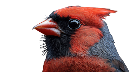 Cardinal's Intense Gaze: A striking portrait of a vibrant red cardinal, its sharp black mask and beak, offering a captivating glimpse into its focused, alert gaze.